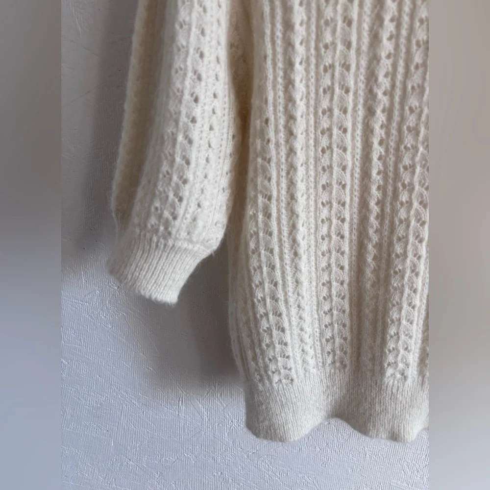OAK + FORT Textured Cream Knit Woven Puff Sleeve Boho Oversized Sweater Top - Picture 6 of 9